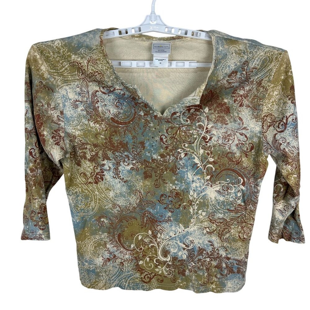 Morning Sun Womens Size 2X V-Neck 3/4 Sleeve Top With Paisley Print 100% Cotton
